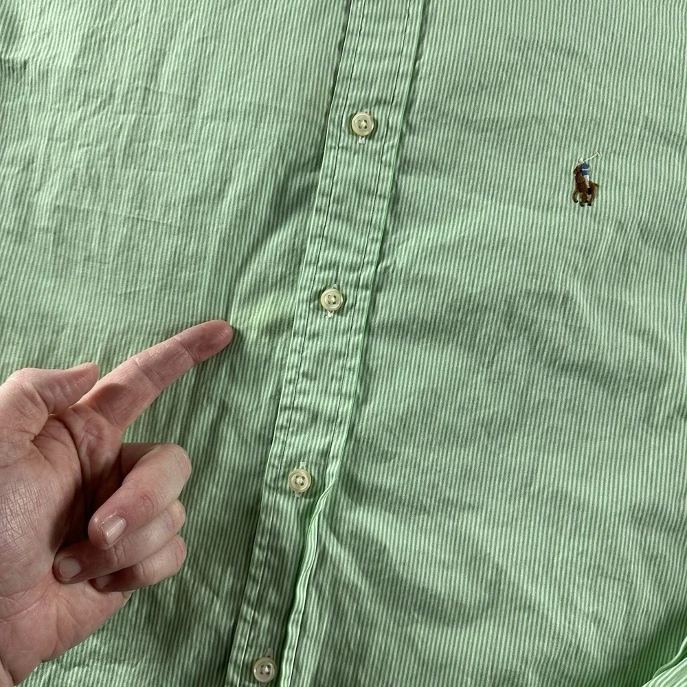 VINTAGE Polo Ralph Lauren Shirt Mens 17 1/2 Custom Fit Green Stripe Button Down‎